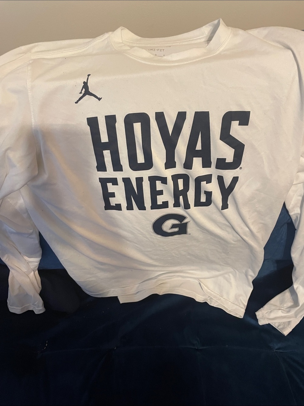 Jordan White Long Sleeve 'Hoyas Energy' Tee with Navy Print